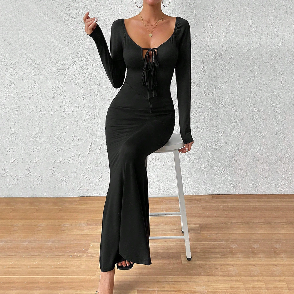 ZARA Sexy Elegant Tie Front Deep V Neck Slim Fit Long Sleeve Bodycon Maxi Dress